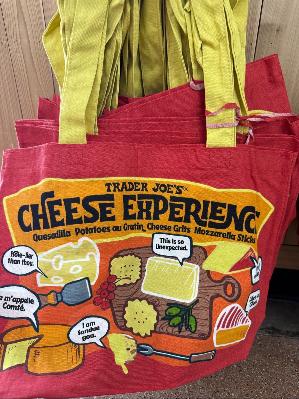 Trader Joe's Cheese Experience Tote Bag - Red with Yellow/Green Handles